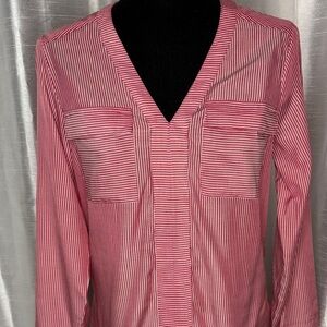 Express Pink and White Striped V-Neck Blouse